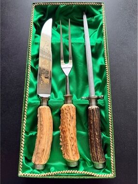 Vintage Anton Wingen Solingen Germany Stag Handle Carving Set Knife Fork Steel